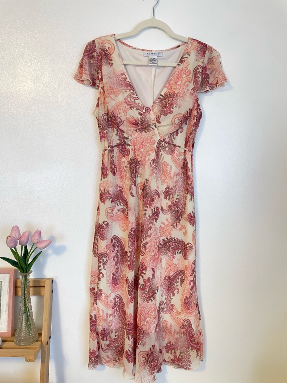 La Belle pink and cream paisley midi dress with tie back